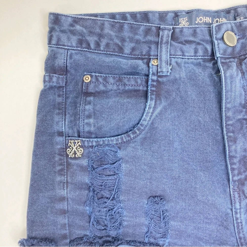 John John High Rise Distressed Shorts 26 Blue Raw Hem Cotton Brazilian - Picture 4 of 10